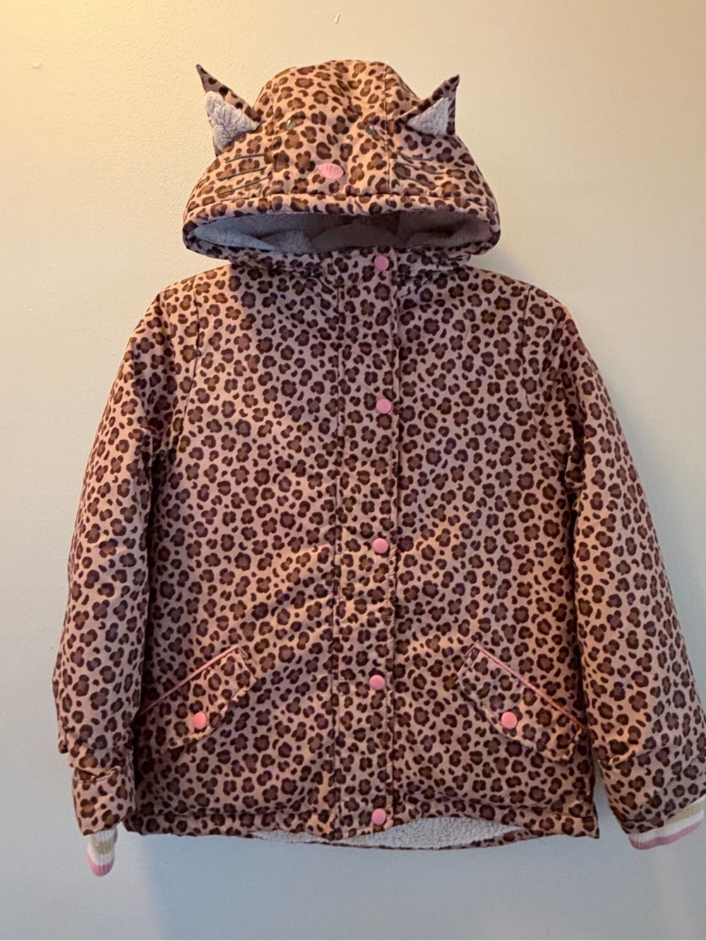 Mini Boden Leopard Print Hooded Puffer Jacket - Pink, Brown. Size 9-10 years